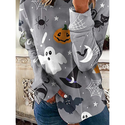 Gray Casual Graphic Tops Round Neck Long Sleeve Halloween Printed Sweatshirts M800019