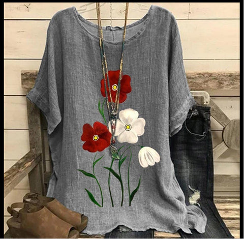 Loose round neck short-sleeved cotton and linen top women's m301281