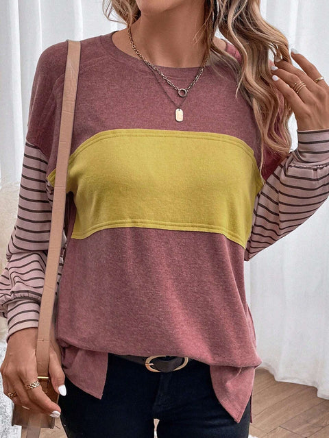 Pullover round neck casual striped contrasting long-sleeved t-shirt women's m300875