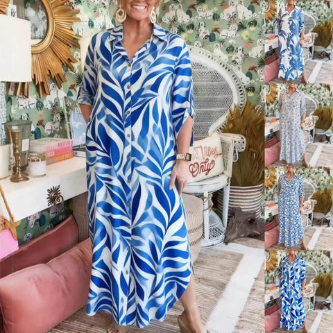 Women's Casual Loose Fashion Printed Lapel Medium Sleeve Large Size Shirt Dress m302334