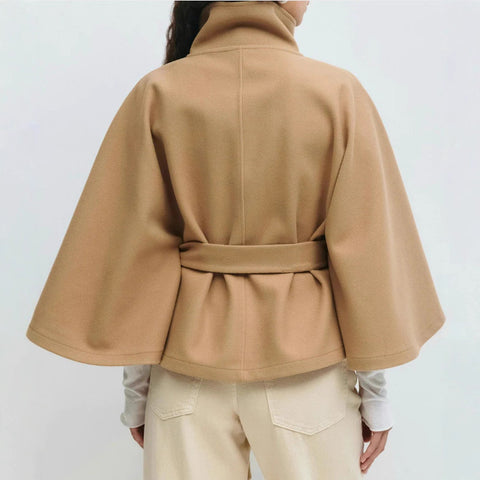 Stand-up collar waist thin lace-up solid color woolen coat women's m302333