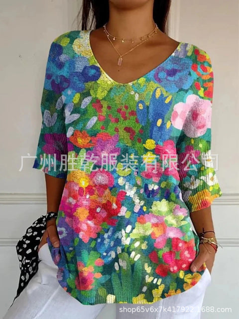 V-neck 3D printed geometric pattern five-quarter sleeve T-shirt top m302777