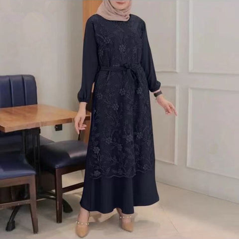 Muslim Crew Neck Lace Long Sleeve Waist Loose Long Dress Women's m301325