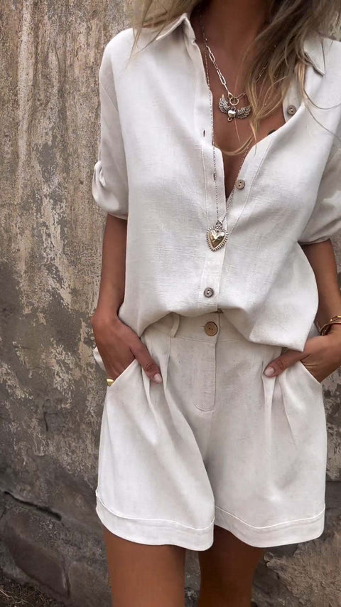 Spring and summer new cotton and linen short-sleeved shorts casual suit women's m302947