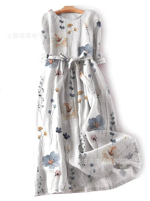 Women's loose crew neck fashion high-end long-sleeved printed dress m301049