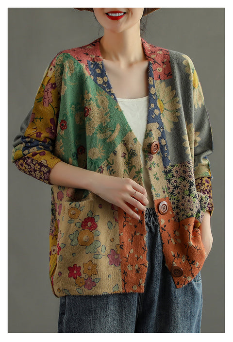 Ethnic style printed imitation mink velvet knitted cardigan women's autumn new retro loose sweater jacket m301711