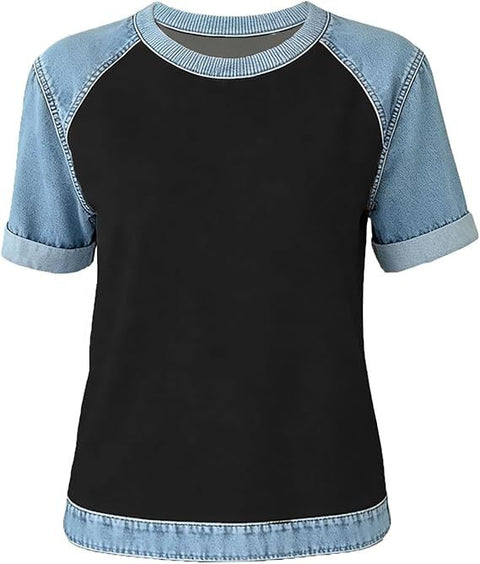 Printed denim splicing round neck short sleeve loose casual m302385