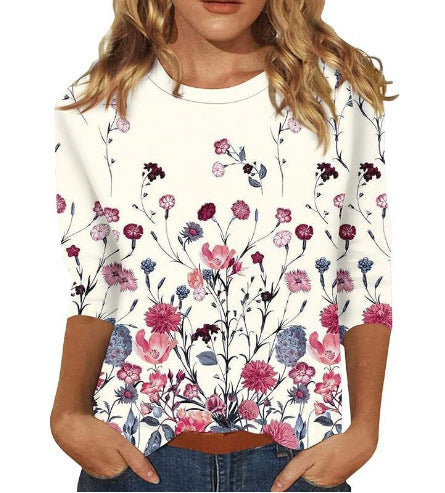Slim and thin imitation cotton round neck printing solid color seven-quarter sleeve long sleeve m302884