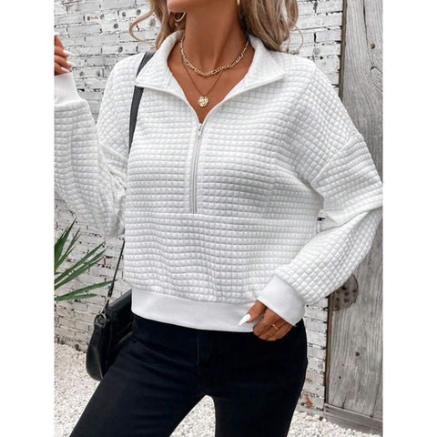 Solid color splicing lapel zipper long sleeve women's sweater m301491