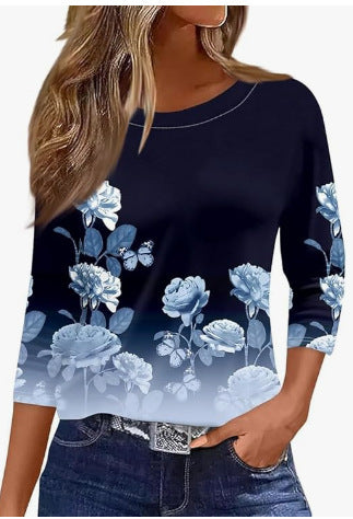 Slim and thin imitation cotton round neck printing solid color seven-quarter sleeve long sleeve m302884