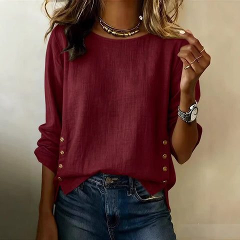 Women's T-shirt solid color round neck casual loose cotton and linen top m302837