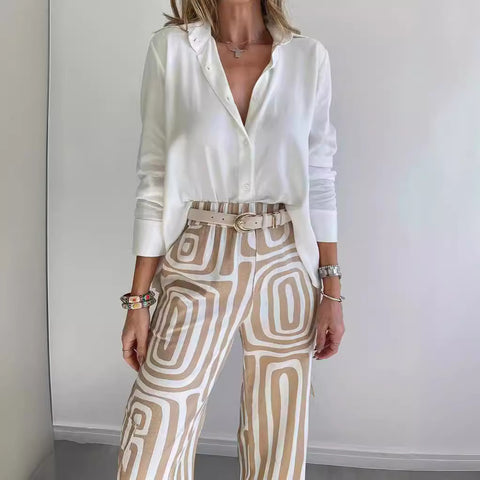 Casual suit women's high-end digital printing commuter shirt loose trousers two-piece set m301306