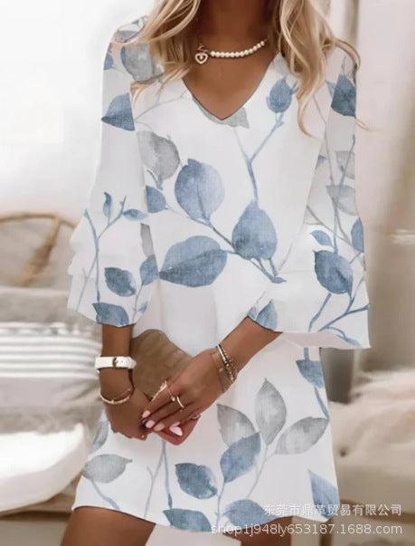 Full-body printed V-neck dress m302858