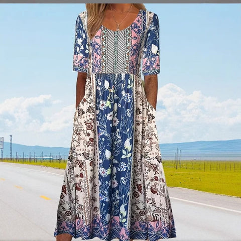 Up and down splicing pocket size printing large wide dress m302623-3