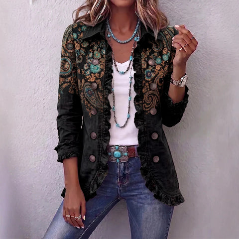Women's fashion long-sleeved ruffle leaf open button cardigan FF303384 01