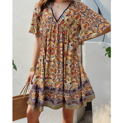 Spring and Summer Vacation Casual Printed V-neck Dress M300211