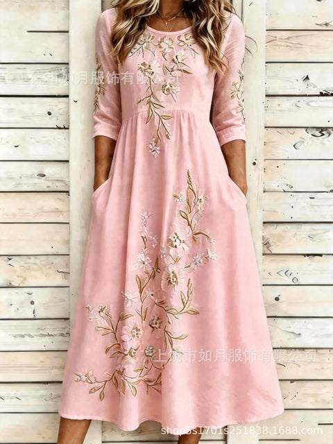 New digital short-sleeved printed women's 7-point sleeve casual dress m303012