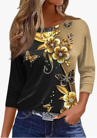 Slim and thin imitation cotton round neck printing solid color seven-quarter sleeve long sleeve m302884