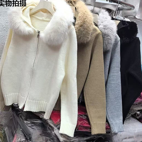 Hooded fur collar splicing knitted sweater jacket women's autumn and winter simple cardigan m302131