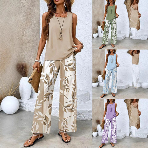 Casual square neck pullover vest plus trousers digital printing women's two pieces m301436