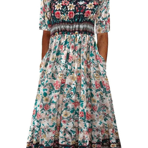 Women's Crew Neck Short Sleeve Long Dress Bohemian Dress m302895