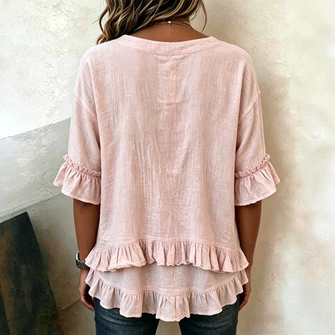Lotus leaf edge V-neck irregular hem short sleeve m302918