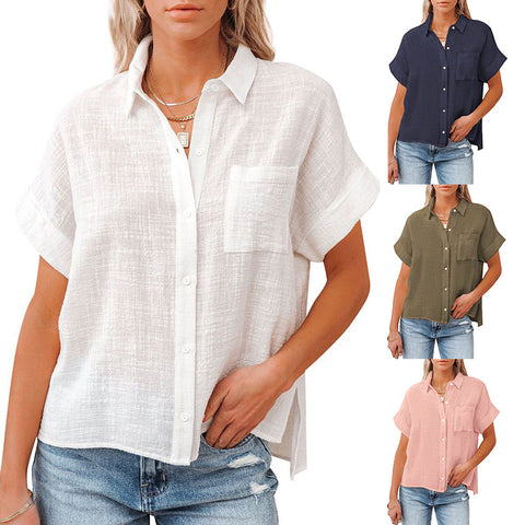 New cotton and linen short-sleeved casual side slit pocket shirt m300983