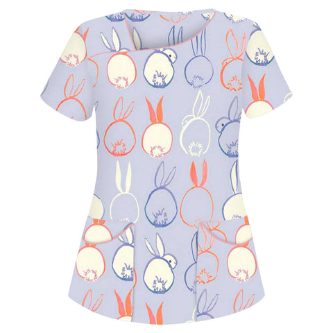 Printed V-neck short-sleeved pocket T-shirt women's top m301596