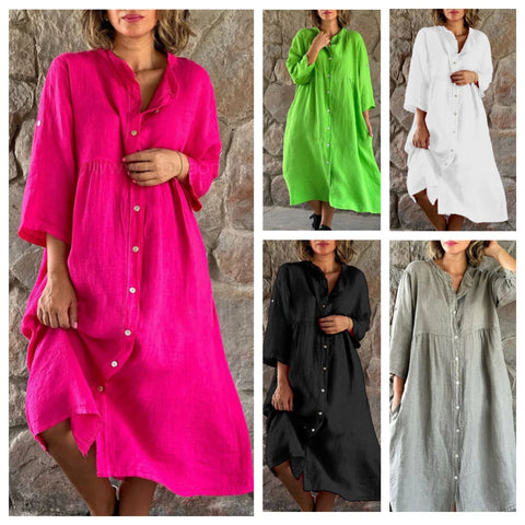 Cotton and linen solid color casual stand-up collar button long dress m301322