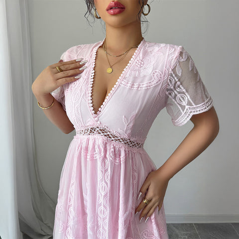 Elegant lace cutout short-sleeved long dress dress m301392