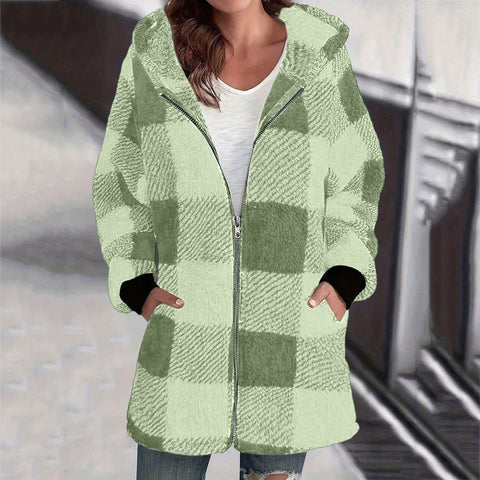 Long Sleeve Plaid Hooded Zipper Pocket Loose Jacket m302168