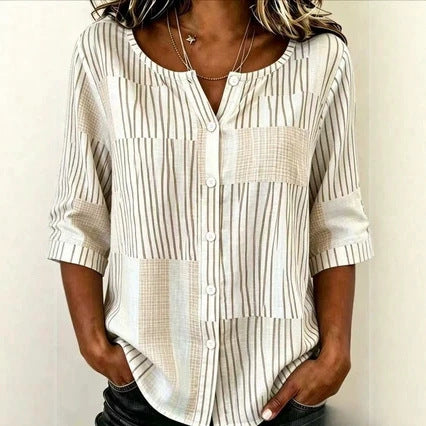 Cotton and linen shirt round neck seven-quarter sleeve single-breasted casual top m303032