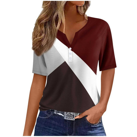 V-neck three-button 3D printed short-sleeved women's top m300617