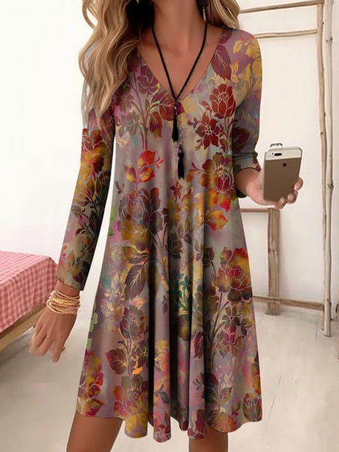 Autumn and winter V-neck high waist retro gradual change color printing nine-quarter sleeve loose dress m300742