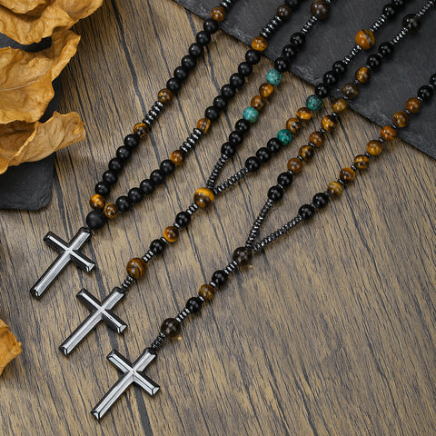 Natural stone black gallstone yellow tiger eye iron stone cross necklace hip hop necklace m3331291