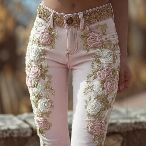 Vintage pink rose embroidery art print jeans elegant temperament m301955