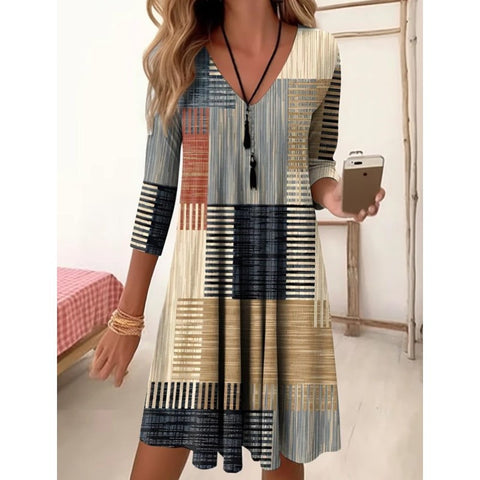 Autumn and winter V-neck high waist retro gradual change color printing nine-quarter sleeve loose dress m300742