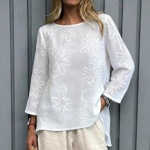Spring new solid color pattern embroidered long-sleeved top women's clothing m302671