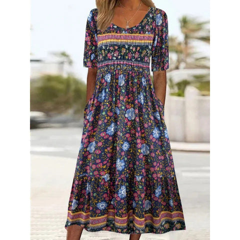 Women's Crew Neck Short Sleeve Long Dress Bohemian Dress m302895
