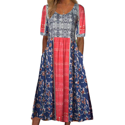 Women's Crew Neck Short Sleeve Long Dress Bohemian Dress m302895