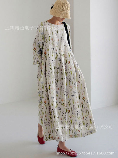 Loose crew neck fashion high-end long-sleeved printed dress m301054