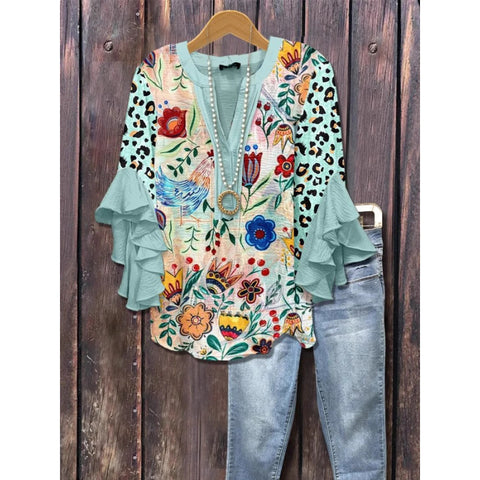 Floral element printing digital printing casual trend V-neck lotus edge T-shirt women's upper m302746