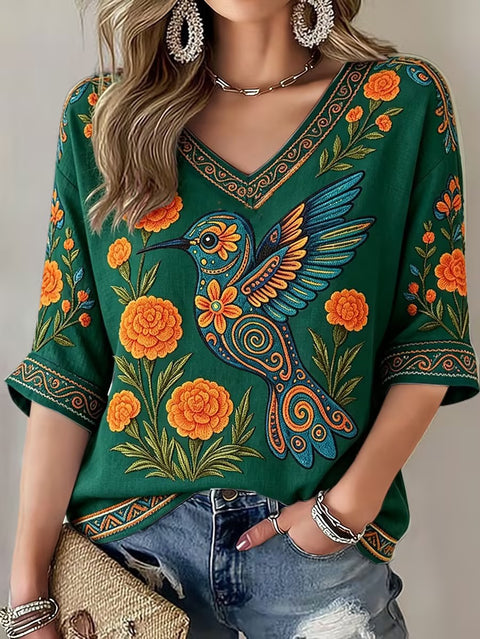 Down shoulder V-neck seven-quarter sleeve 3D printed women's top T-shirt m302844
