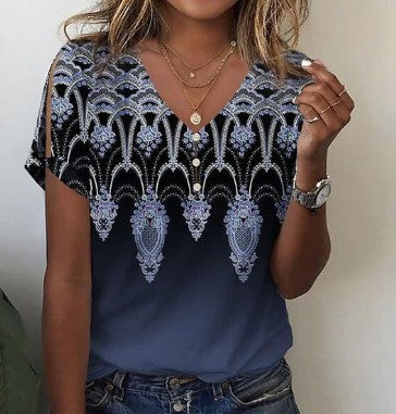 3D printed V-neck button-up T-shirt top daily short-sleeved m301263