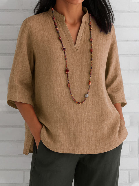 Women's V-neck seven-quarter-sleeved cotton and linen loose casual shirt m302068