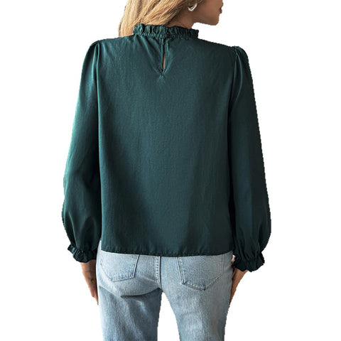 Casual simple style long-sleeved solid color wood ear edge shirt m301411