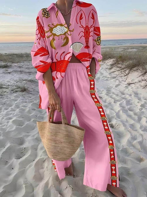 Linglong hemp fish shading casual suit loose sports wide-leg pants marine element casual shirt m303169