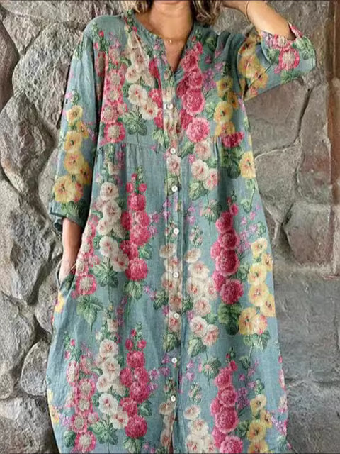 Women's Loose Crew Neck Fashion Premium Long Sleeve Printed Shirt Dress m301050