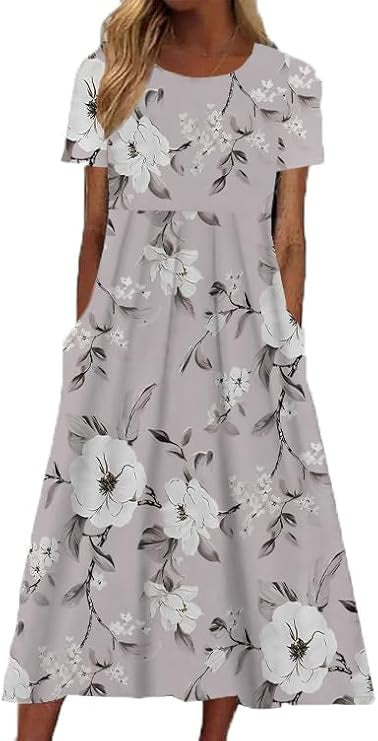 Women's Crew Neck Short Sleeve Long Dress Bohemian Dress m302895