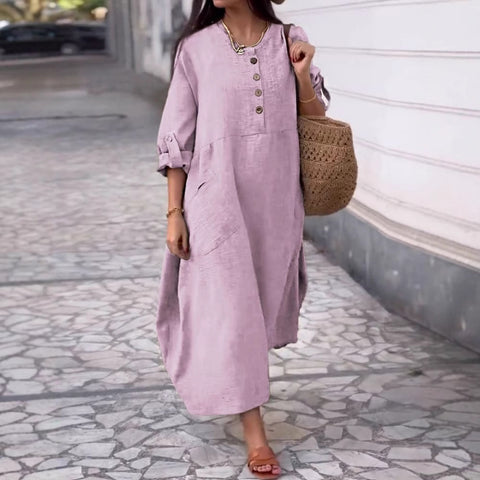 Women's Solid Color Crew Neck Cotton and Linen Long Sleeve Casual Double Pocket Button Long Dress m302717